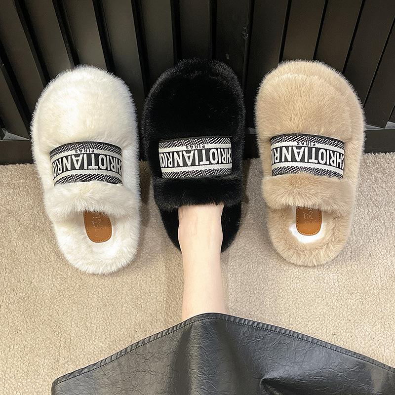 Große Tasche Kopf dicke Sohle Flaum Schlepp Damen Schuhe tragen 2025 Herbst und Winter neue Druckmode Plüsch Baumwollpantoffeln