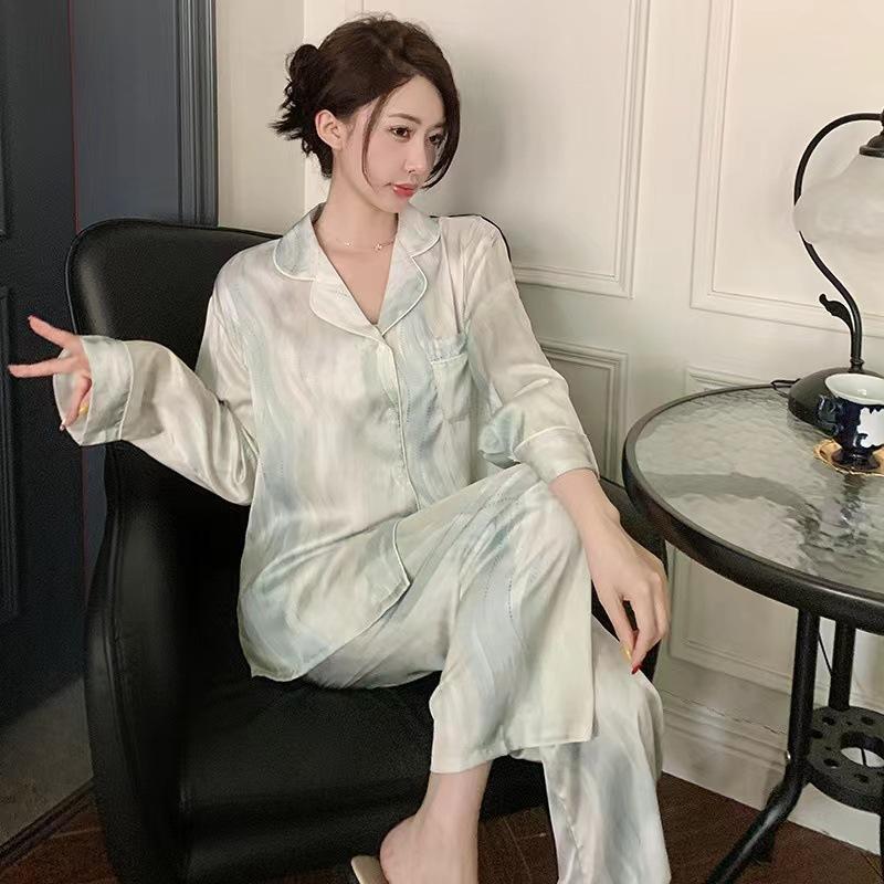 Autumn Women Ice Silk Fashion Printing  Pajama Lapel Button Cardigan Outfits for Women 2 Piece Set  Set Clothes for Women