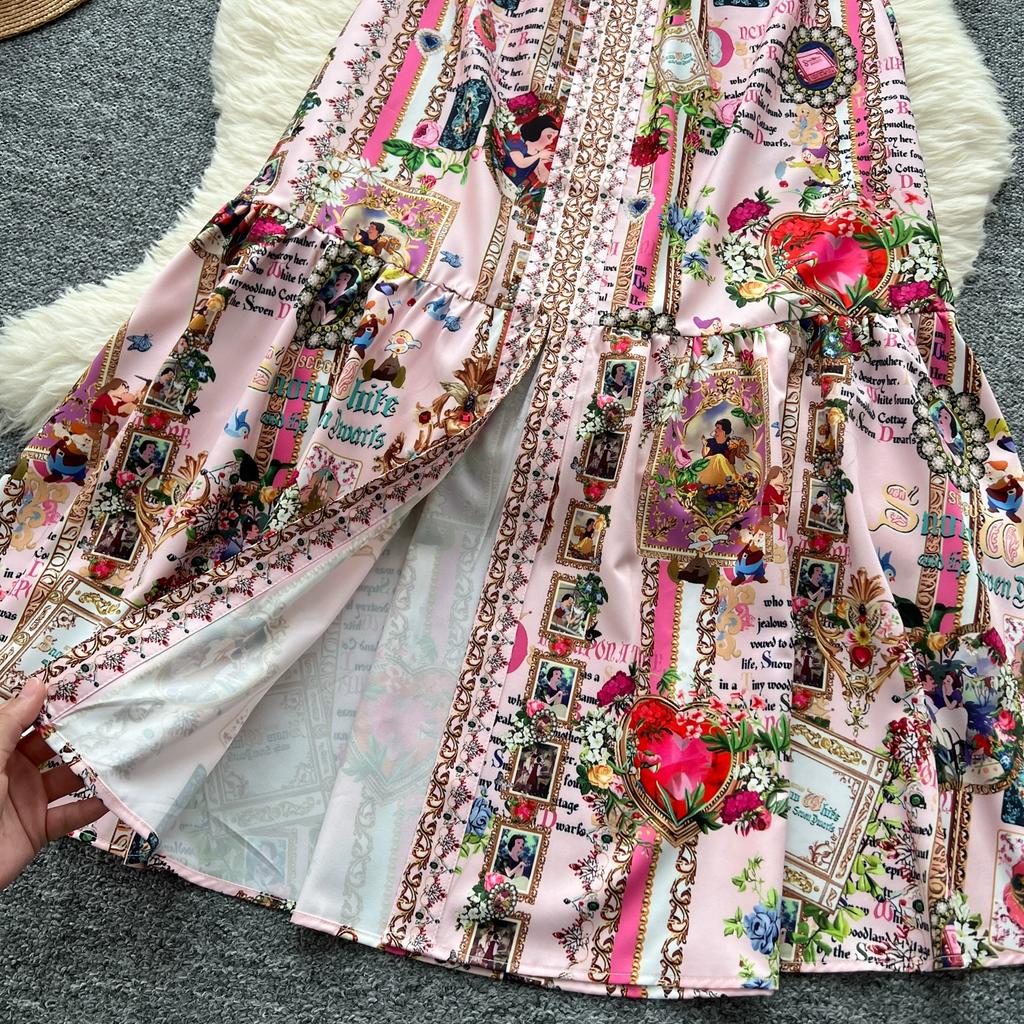 Spring Autumn Women Brand Designer Print Runway Dress V-neck Elastic Waist Long Maxi Party Dresses