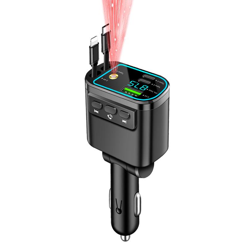 Five-in-One Car Charger with Digital Display and Retractable Cable, PD Fast Charging, and Cigarette Lighter Adapter