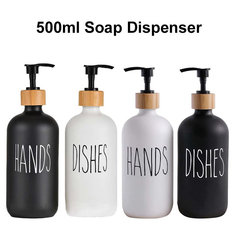 Juego de dispensador de jabón para platos de 500 ml para fregadero de cocina, jabón de manos, platos, detergente, botella de almacenamiento, botellas rellenables, color negro y blanco