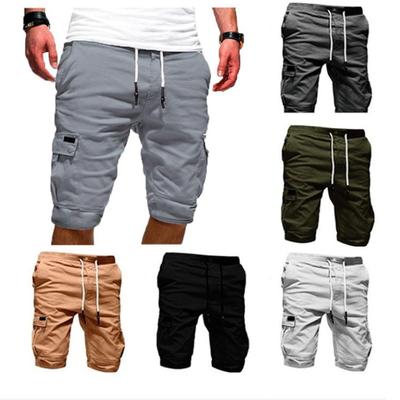 Shorts casuais masculinos cor sólida cintura elástica com cordão multi bolso design ao ar livre calças médias calças retas