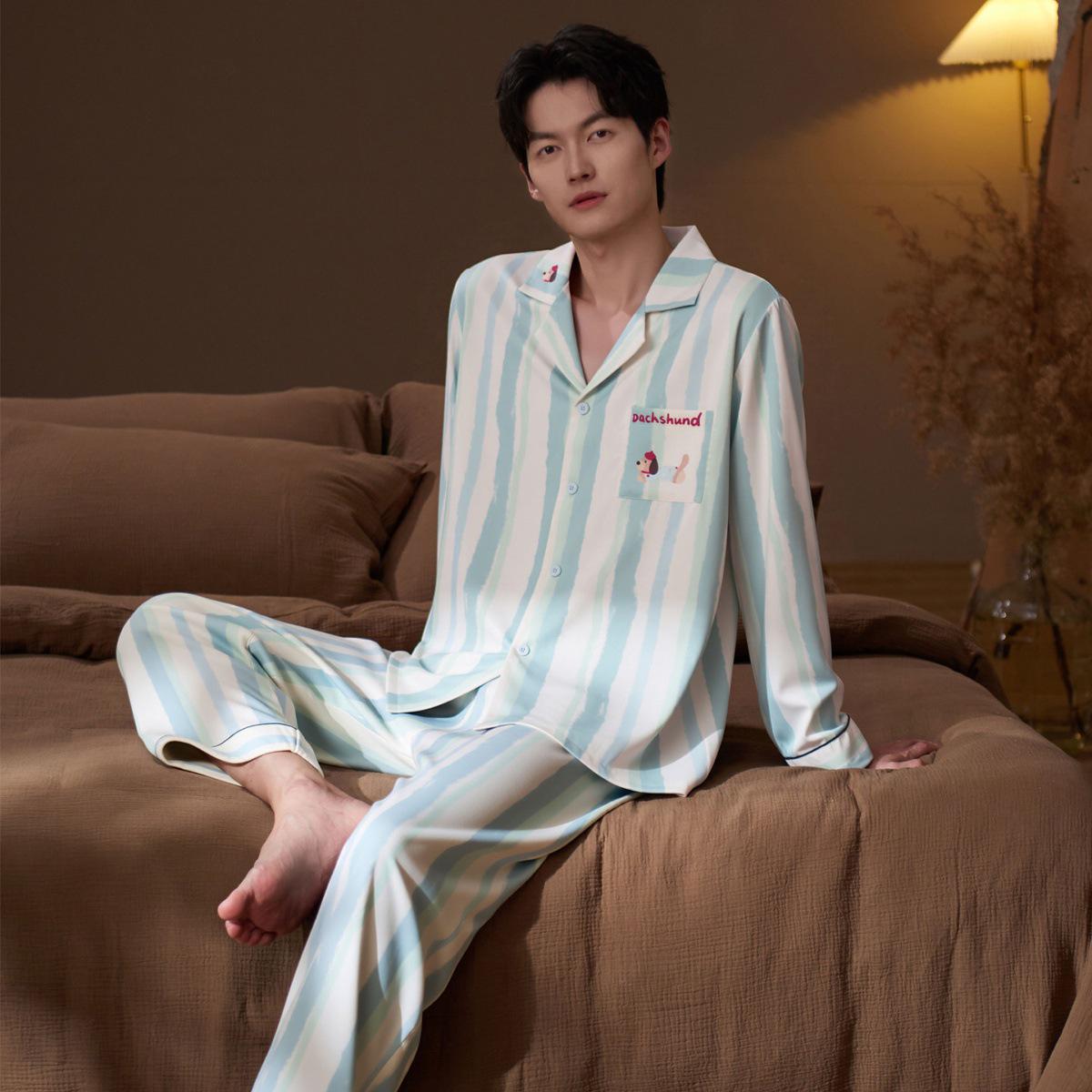 

Men s Ice Silk Long Sleeve Pajama Set for Teens & Adults - Spring/Fall Wear, Indoors & Outdoors L