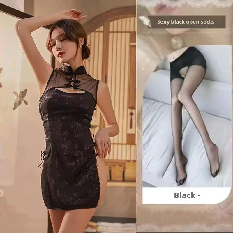 Sexy Retro Jacquard Strap Cheongsam Uniform Temptation Perspective Sex Underwear Stand-up Collar Buckle