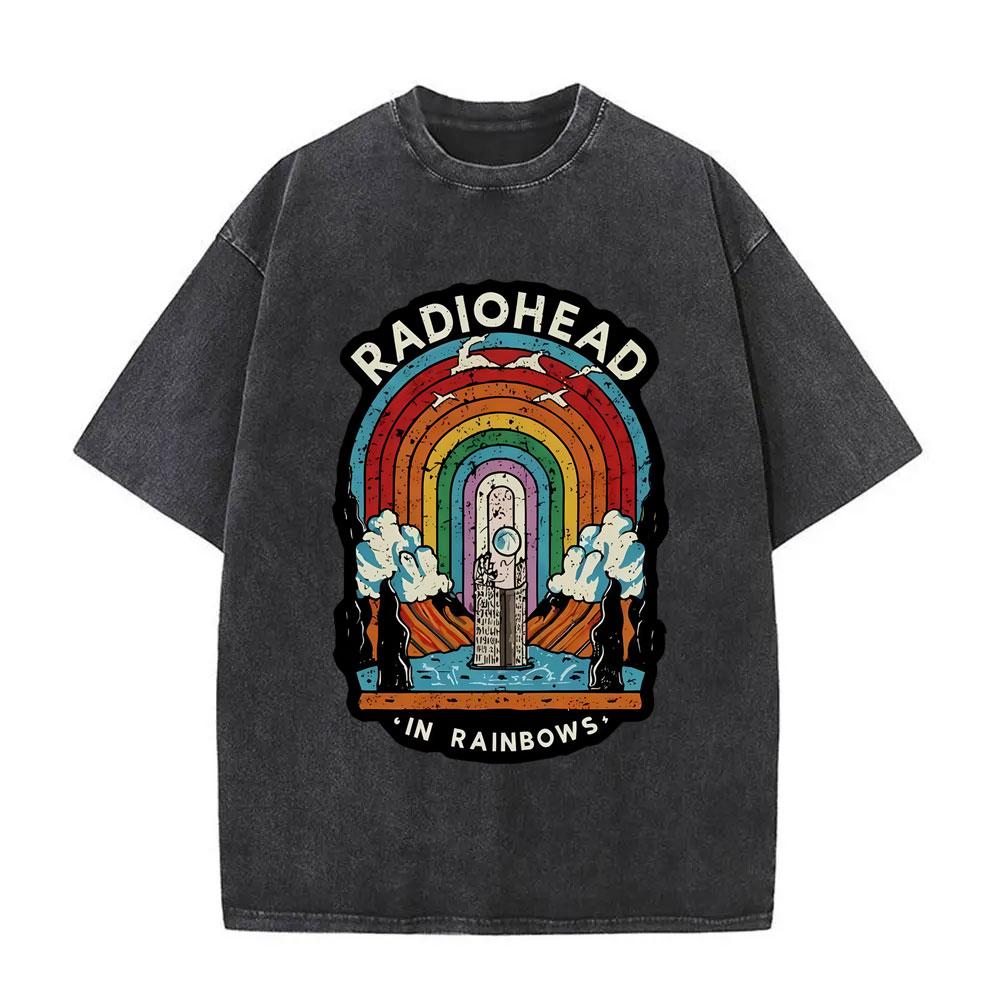 Washed Vintage Rock Band Radiohead In Rainbows Graphic T-shirt Men Women Casual Retro Gothic T Shirts Men's Oversized T-shirts
