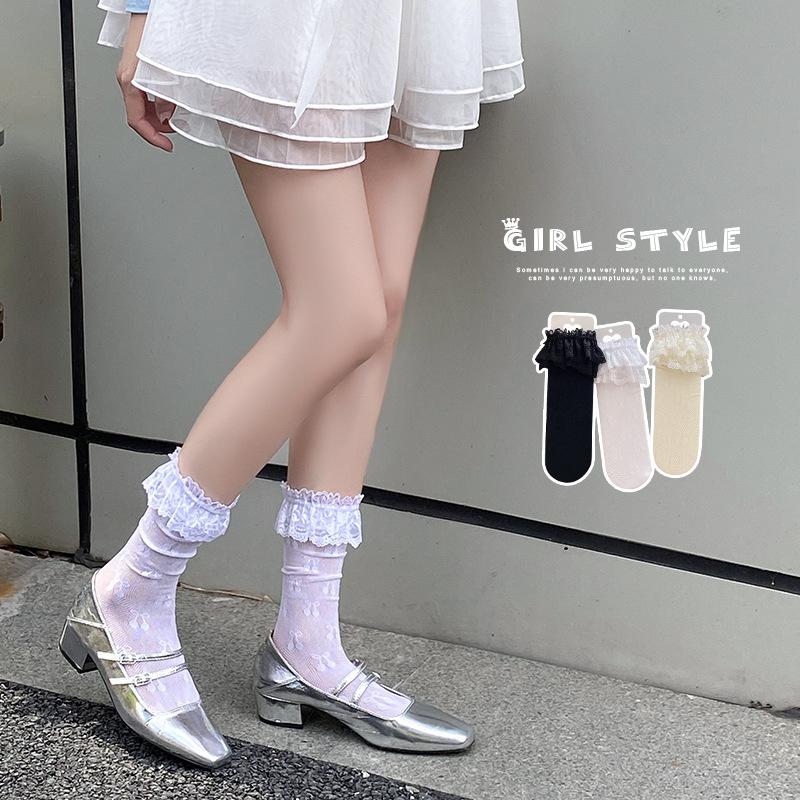 

Ladies Spring and Summer Thin Sweet Cute Jacquard Mesh Lace Lace Pile Socks 1 pair бежевий