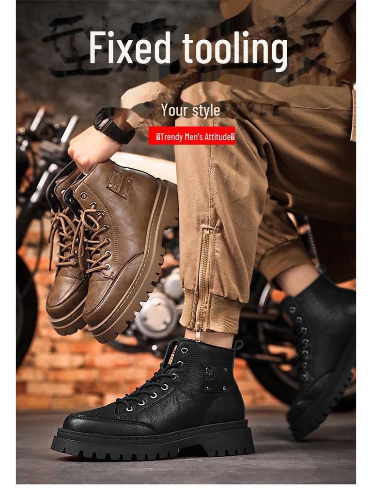 Herre Svarte Høye Motorsykkelstøvler i Skinn - Vanntette, Britisk Stil, Perfekte for Høstarbeidsklær