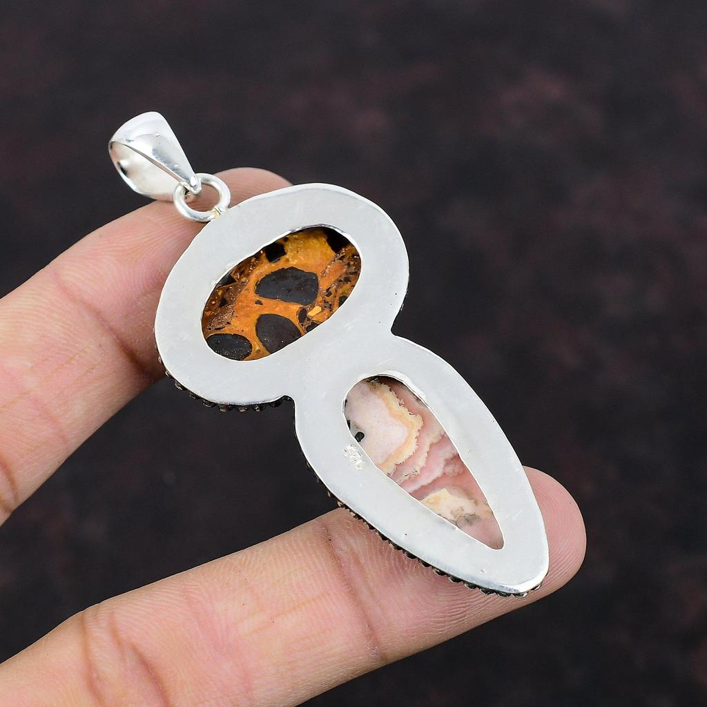 Pendentif Vintage En Argent Massif 925 Avec Rhodochrosite - Pierre Rose, Occasion, Bijou Ancien