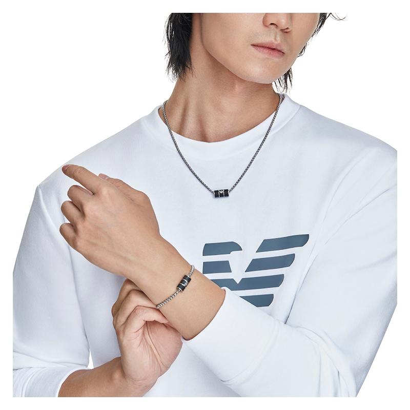 Emporio Armani  black beaded pendant with outstanding texture stainless steel necklace men's silver EGS2919040