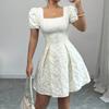 Women's Fashionable Color Square Neck Bubble Short Sleeved Dress With Temperament