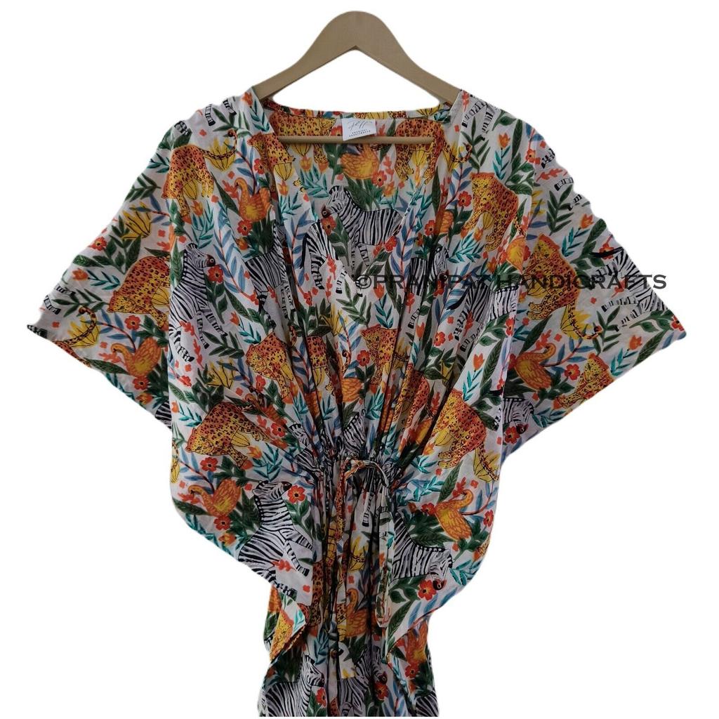 Femei Bumbac Alb Vară Haine de Dormit Acoperire de Plajă Rochie Caftan Hippie cu Imprimeu Junglă CKFTN-SCRN-FULL-BUYIT-176