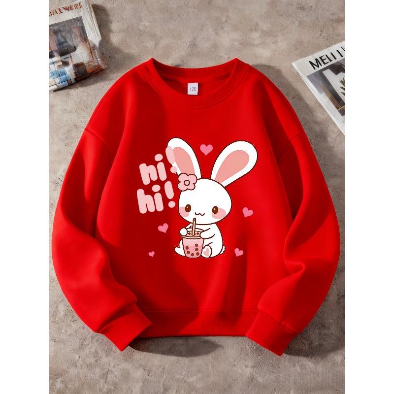 European sizes White Rabbit Fresh Print Theme, Perfect Gift for Kids, Kids' Round Neck Long Sleeve Sweatshirt, Daily Sports Fashion Comfortable Style