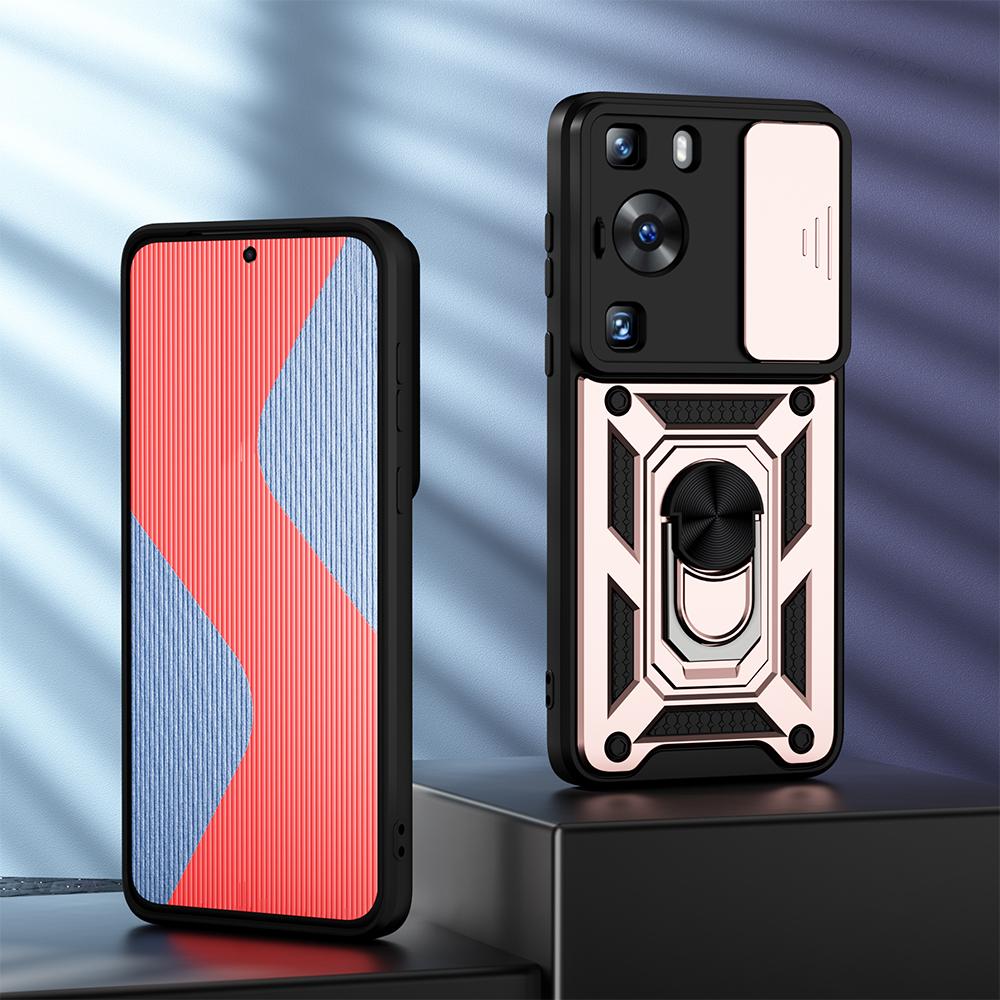 KEYSION Shockproof Armor Case for Huawei P60 Pro Slide Camera Lens Protection Ring Stand Phone Back Cover for Huawei P60 P60 Pro