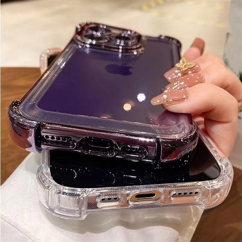 Luxury Plating Airbag Soft Silicone Case for iPhone 16 Pro Max 11 12 13 14 15 Pro Xs Max X Xr 16 Plus Glass Lens Protector Cover