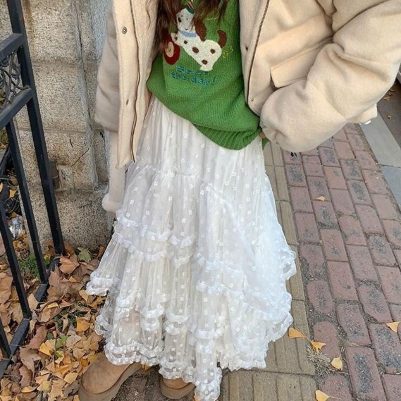 Women's Autumn/Winter Lace-Trimmed Tiered Fuzzy Midi Skirt - Loose A-Line Sweet Long Skirt with Cake-Layer Design
