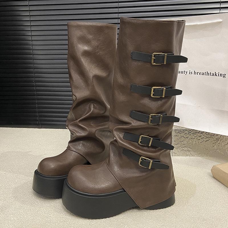 Winter Designer Splicing Round Toe Women Knee High Boots Fashion Platform Thick Heels Shoes  De Mujer