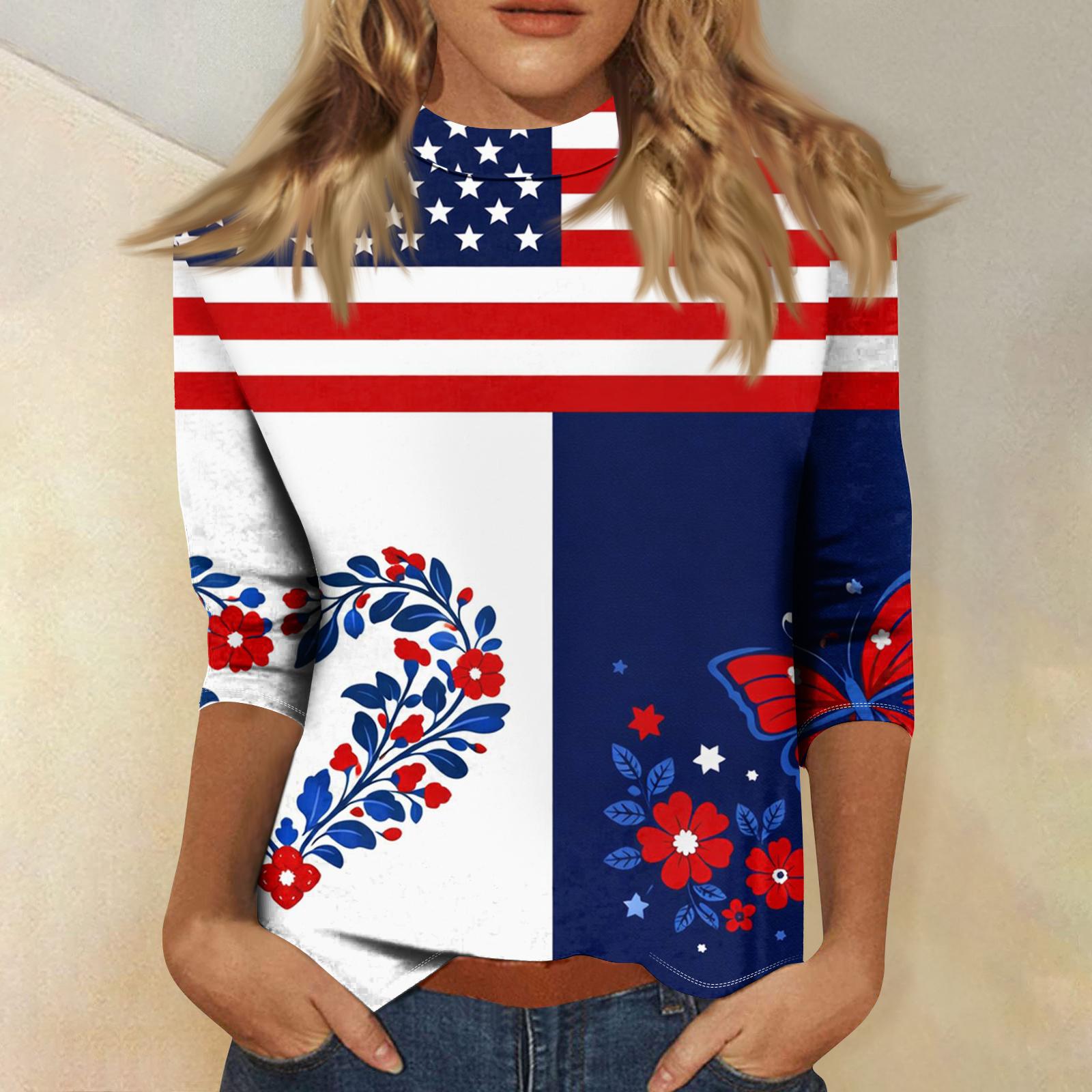 

Women s Fashionable Casual Mid-Neck 3/4 Sleeve Independence Day Print T-Shirt Top XL білий