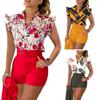 2 st/set Dam Top Shorts Set Blomma utskrift Bälte Hög midja Ärmlös rynkning Dress-up OL Style Tight midja Damkostym
