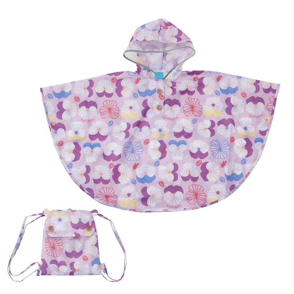 Ogawa Kids' Rain Poncho, 90cm, Kukka Hippo, Violet, with Reflective Tape, Hippopotamus-Shaped Backpack with Storage Bag, 83363