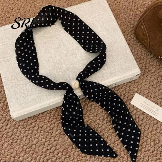 Satin Neck Scarf Women Imitation Pearl Buckle One-Piece Design Lightweight Chiffon Breathable Summer French Retro Black White Dot Collar Decorative