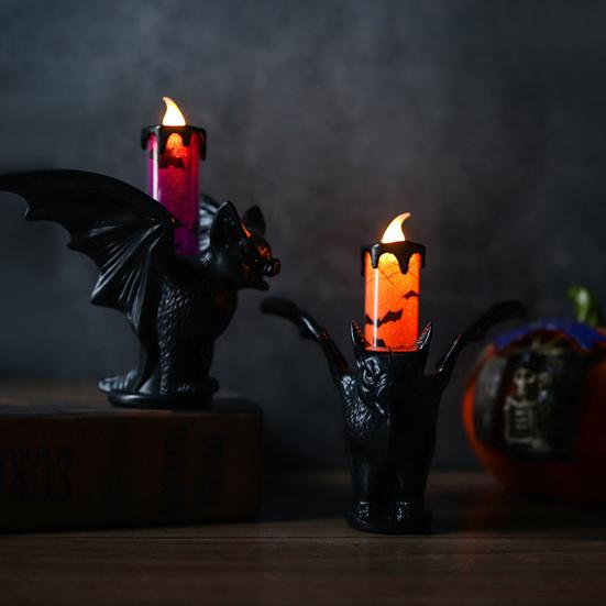 Halloween LED Bat Candle Lamp Flameless Flickering Tabletop Candle Lamp Horror Black Bat Statue Candlestick for Indoor Home Decor