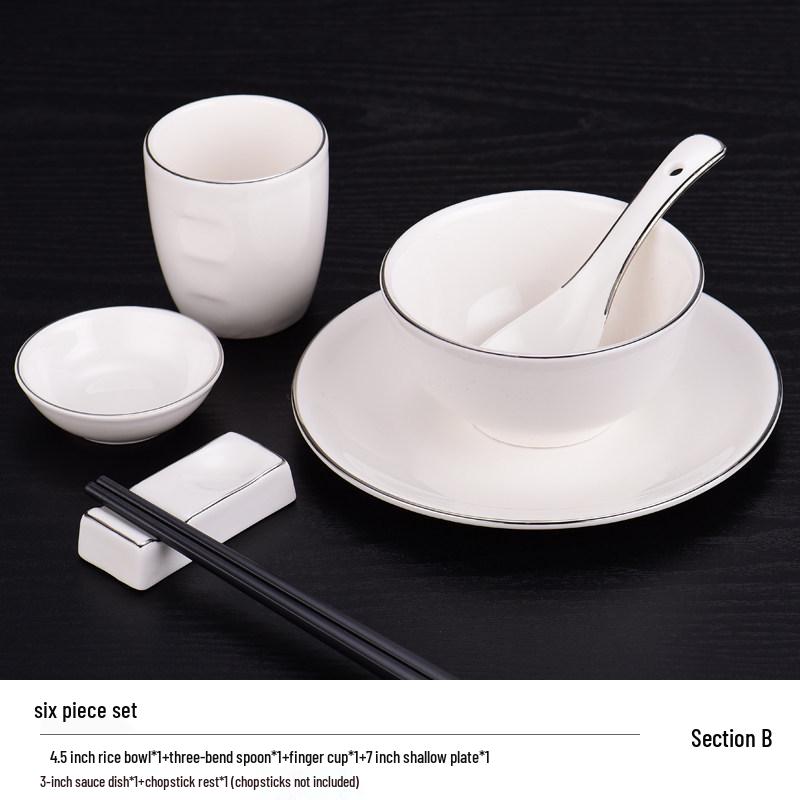 Elegant Ceramic Tableware Set: White with Platinum Rim - Includes Plates, Bowls, and Dishes for Restaurants or Clubhouses, Available in 3 or 4 Pieces
