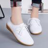 Women's White Lace-up Round Toe Non-slip Genuine Leather Flat Shoes - Casual & Versatile Korean Style
