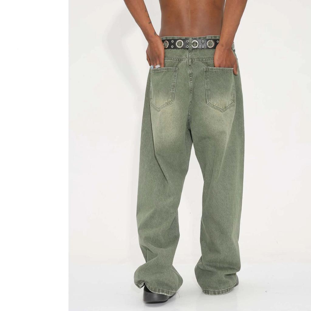 Korean Style Denim Pants Men Retro Washed Green Jeans Men High Quality Mid-waist Wide Leg Pants Men Denim Trousers