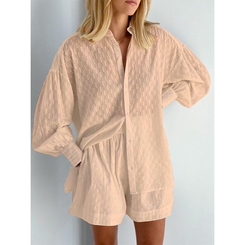 

Commuter Polo Collar Single-Breasted Jacquard Bubble Shirt Khaki S