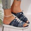 2024 Summer New Large Size Denim Lace Up Slippers Women's Round Head Flat Bottom Canvas Lightweight Fashion Beach Sandals