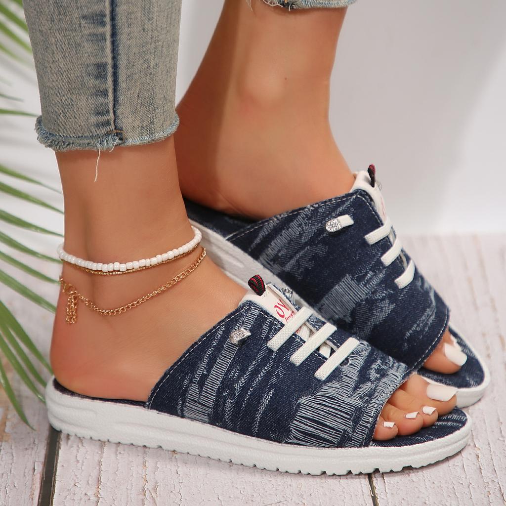 2024 Summer New Large Size Denim Lace Up Slippers Women's Round Head Flat Bottom Canvas Lightweight Fashion Beach Sandals