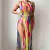 European & American Rainbow Print Halter Bikini with Cover-up - Sexy Three-Piece Swimsuit 2430