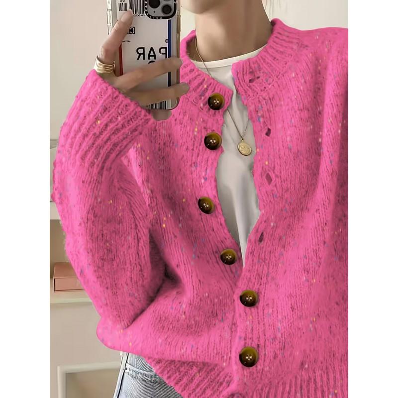Womens Knit Cardigan Sweater Short Loose Fit Round Neck Single Button Front Fall Winter Casual Wear