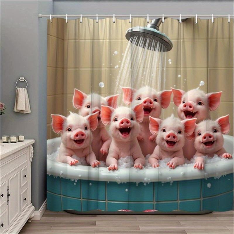 1pc Shower Curtain, Polyester Fabric, Fashion Theme with Playful Baby Pigs Splashing in Bathtub Design, Washable