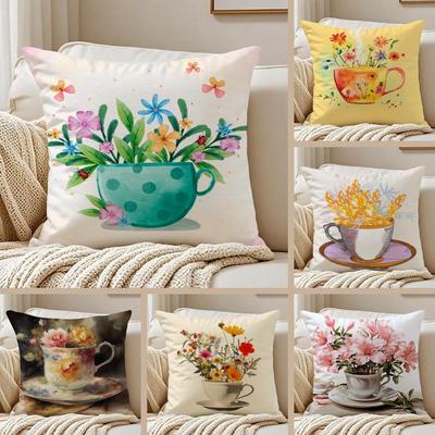 Painting Cup of Flowers Pillow Case Silky Elegant Comfort Sofa Bed Invisible Zipper