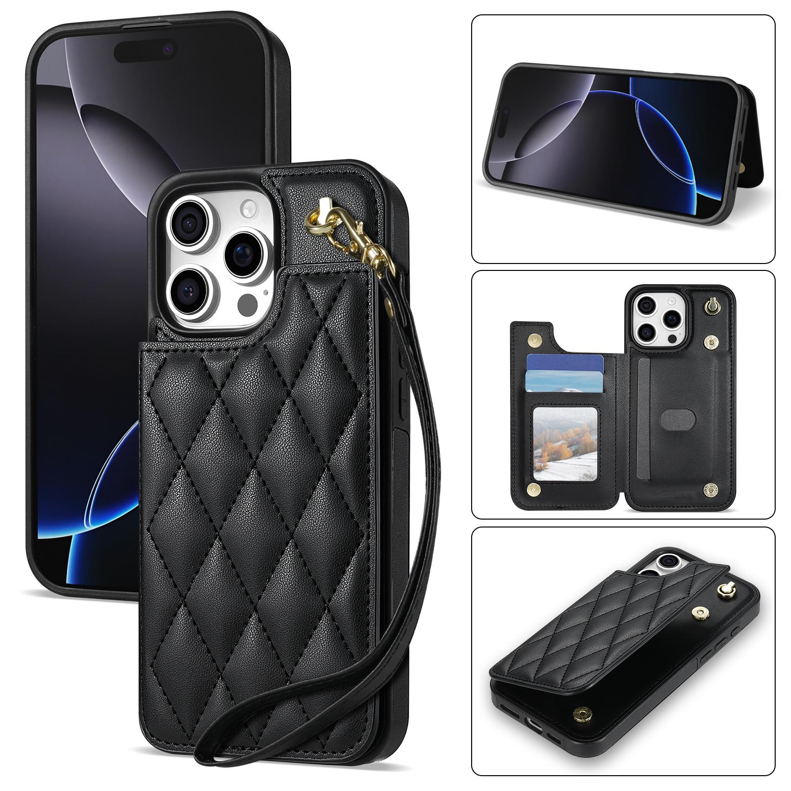 

For iPhone 16 Pro Max Case with Wrist Strap Card Slots Rhombus Leather+TPU Phone Cover Black