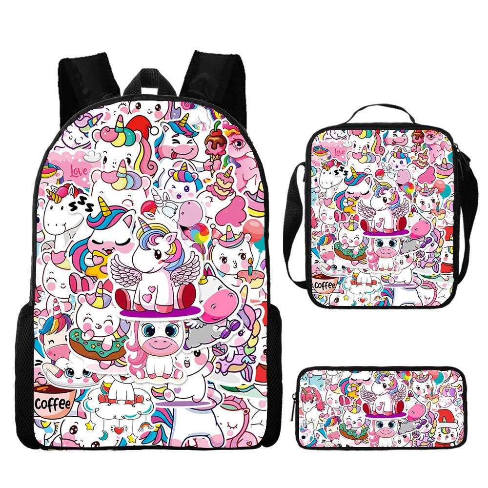 Unicorn Backpack for Kids School Bag Set 3-Piece with Pencil Case Shoulder Bag, Cartoon Anime Backpack for Boys Girls Students