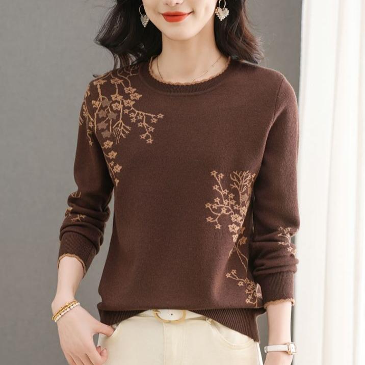 Winter Women's Wool Sweater  Crew neck Printed Wool Sweater Soft Warm Knit Pullover