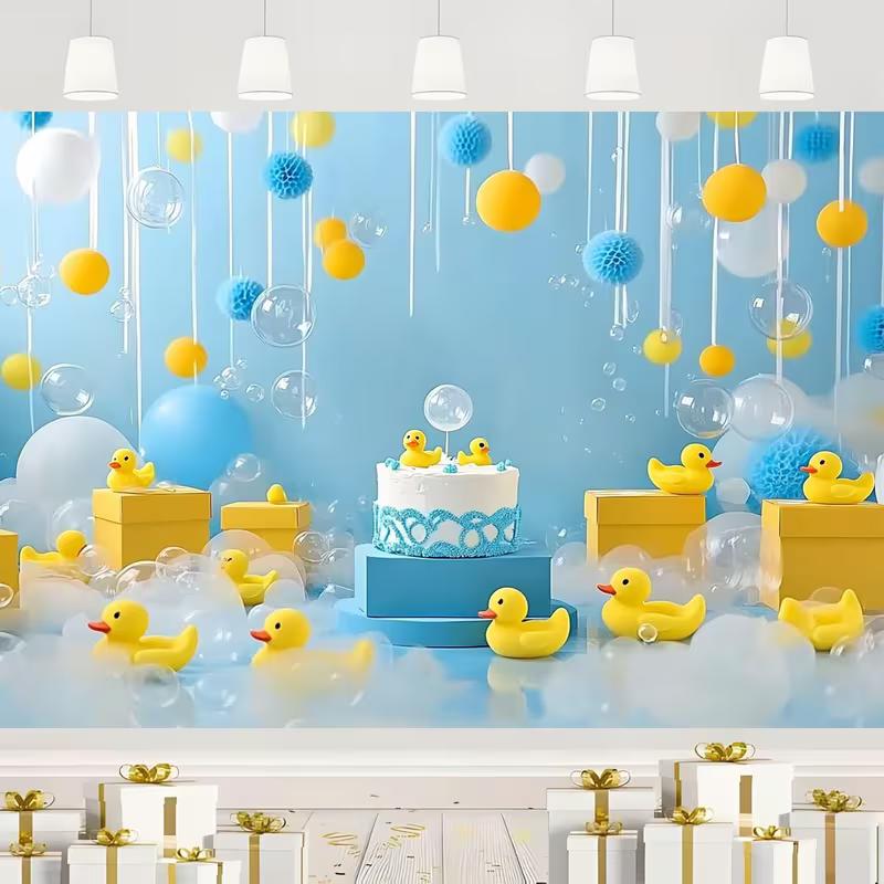 2D Rubber Duck Birthday Backdrop, Yellow Ducks and Cake for Kids' Party Decoration