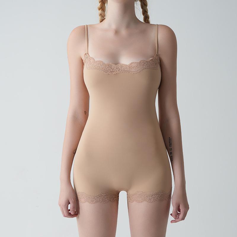 European & American Sexy Lace Slim Jumpsuit with Adjustable Straps, Breathable Nude Boxer Crotch, and Hip-Lifting Design