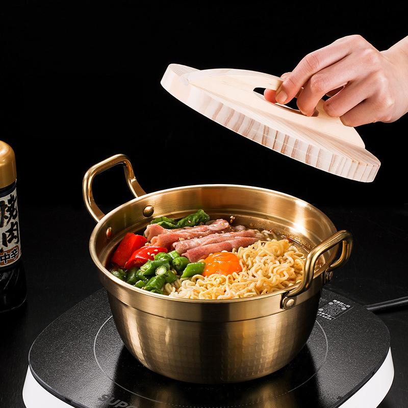 Korean Style Double Ear Stew Pots with Wooden Lid Stainless Steel Saucepan Ramen Pot Kitchen Cookware for Gas Induction Cooker