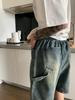 Summer New Straight Big Pocket Retro Loose Denim Shorts Men's Elastic Waist Versatile Five-Point Pants Men's