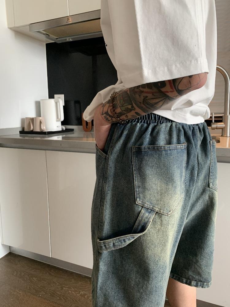 Summer New Straight Big Pocket Retro Loose Denim Shorts Men's Elastic Waist Versatile Five-Point Pants Men's