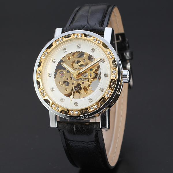 Forsining Three-Pin Automatic Hollow Double Rhinestone Gear Back Through Men'S And Women'S Leisure Mechanical Belt Watch D121