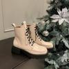 Krazing Pot Cow Leather Winter Shoes Thick Med Heels Handsome Lace Up British School Platform Women  Ankle Boots