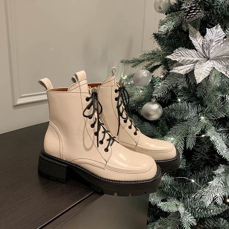 Krazing Pot Cow Leather Winter Shoes Thick Med Heels Handsome Lace Up British School Platform Women Ankle Boots