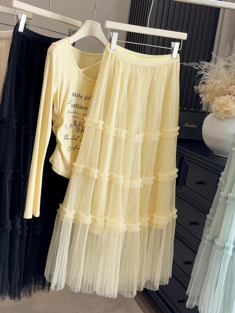 Spring 2026 Gentle Style Wood Ear Mesh Cake Skirt: Slim-Fitting, Mid-Length, Flowy Fairy Skirt for Women