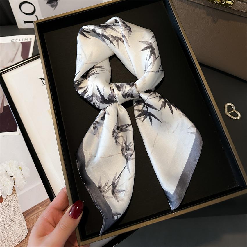 Bamboo Silk Scarf National Style Scarf Simulation Silk Small Square Scarf 70Cm Women'S Scarf Neck Protection Decorative Shawl Leaf Pattern