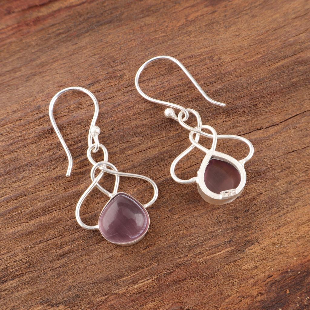 Purple Cat's Eye Gemstone 925 Stamped Silver Jewelry Handcrafted Earrings 1.50" EE-2-47