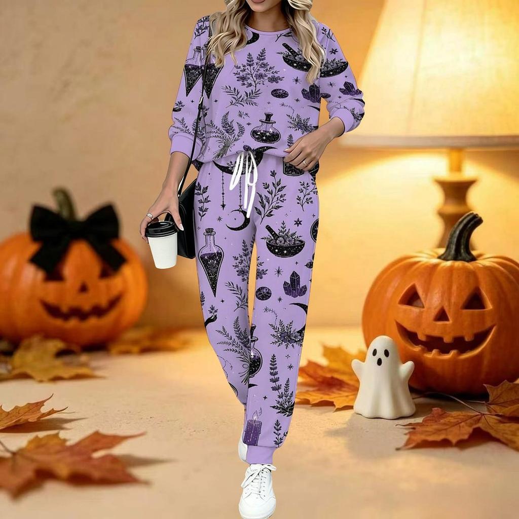 Damski dwuczęściowy strój z nadrukiem na Halloween, Top z długim rękawem i okrągłym dekoltem oraz spodnie dresowe z ściągaczem, Casualowy dres na wiosnę i jesień